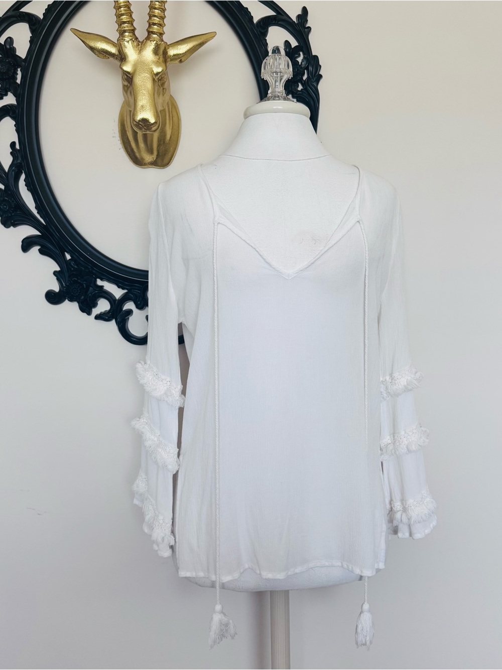 White Crow White Tassel V-Neck Peasant Tunic